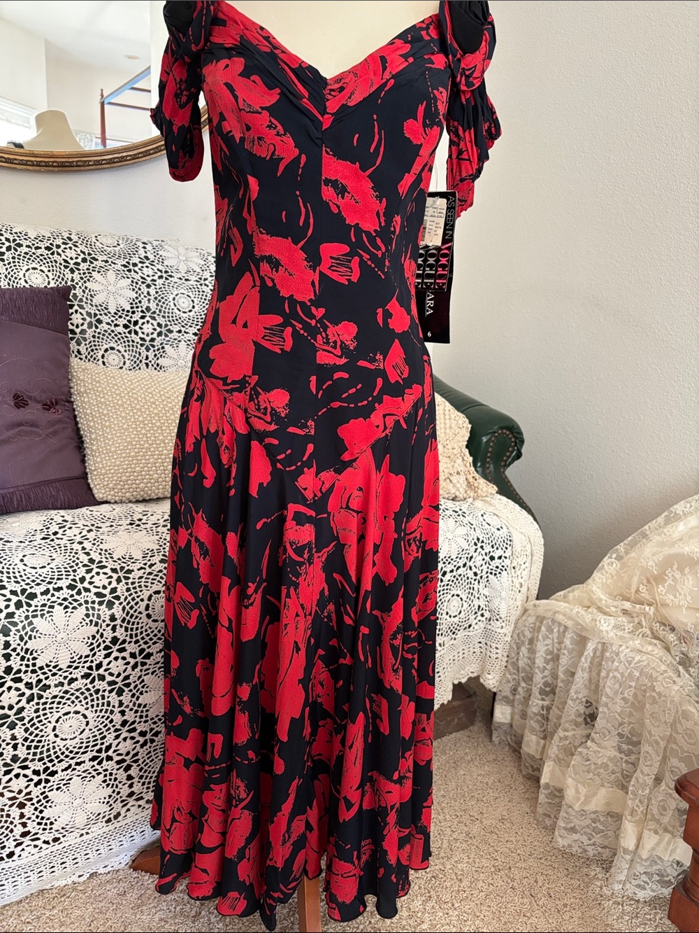Vintage 80s Black Maxi Dress with Red Floral Print and Lace Up Back ooh la la!